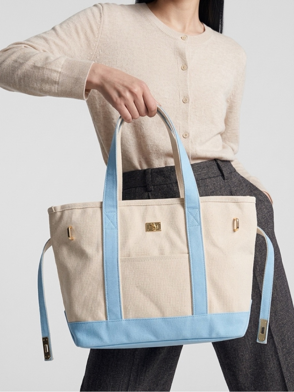 Cream Canvas Tote with Light Blue Trim - Everyday Women’s Shoulder Bag